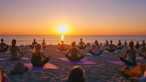 Guests seated in meditation on a beach at sunset.